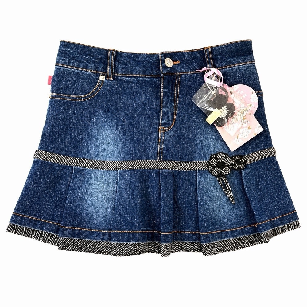 Bongo Girls Denim Skort Scooter Size 12 Pleated Herringbone Belt Flower NWT Y2K